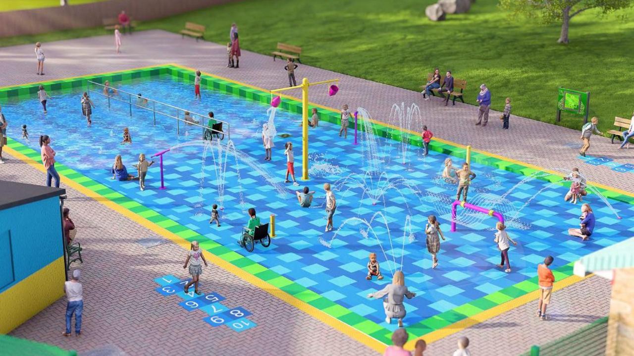 An artist view of what the splash pad will look like - families on a blue surface with sprinklers and other water features