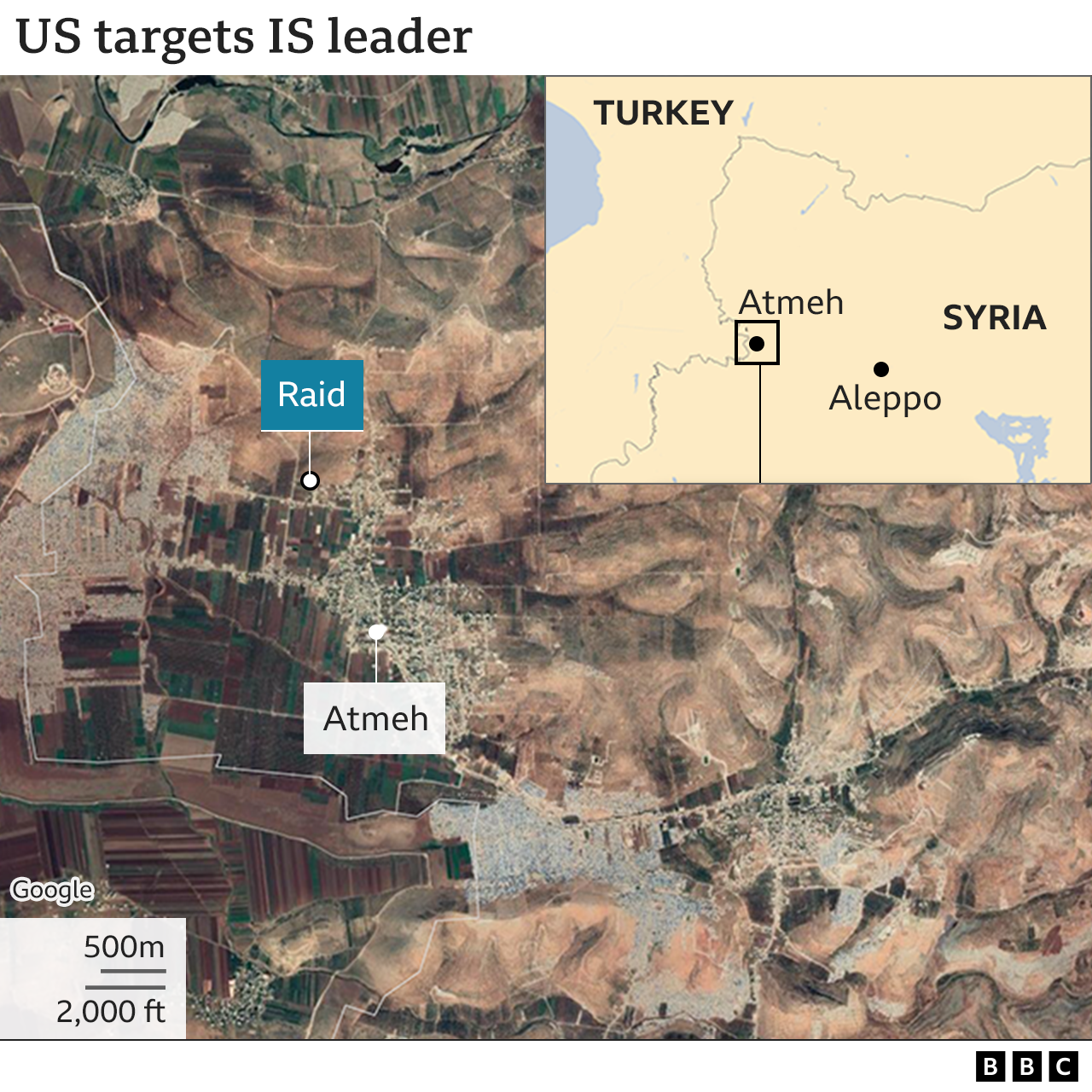 Map showing location of raid on Abu Ibrahim al-Qurayshi's house near Atmeh, Syria, on 3 February 2022