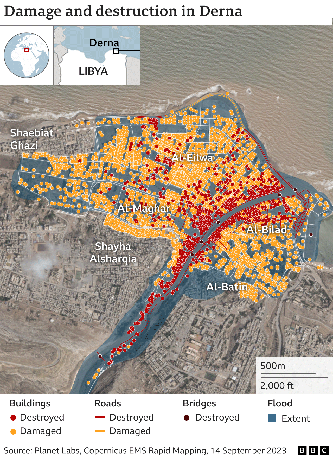 Analysis shows damaged and destroyed buildngs and infrastructure