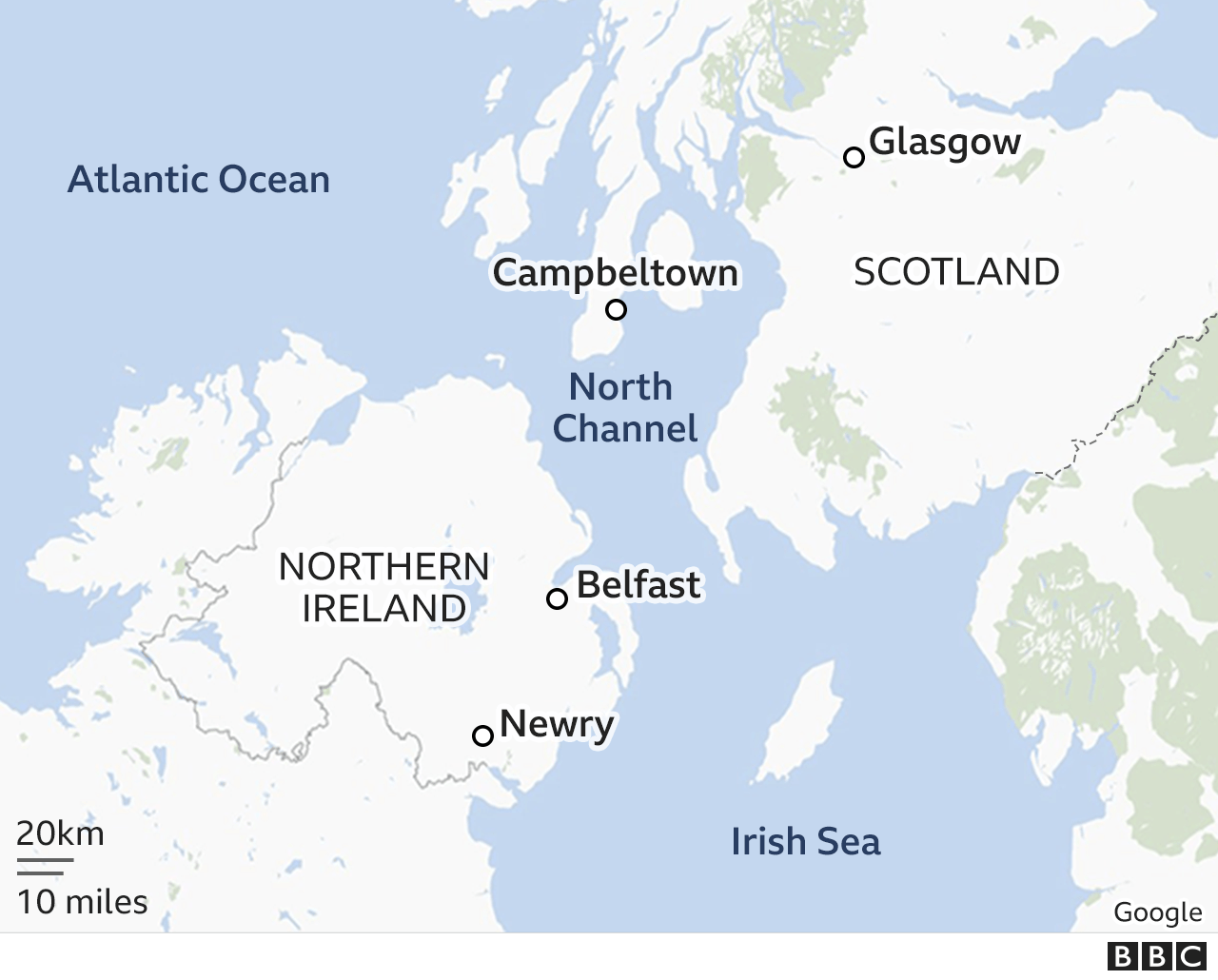 Map showing Campbeltown, Ayrshire coast, Belfast and Antrim coast