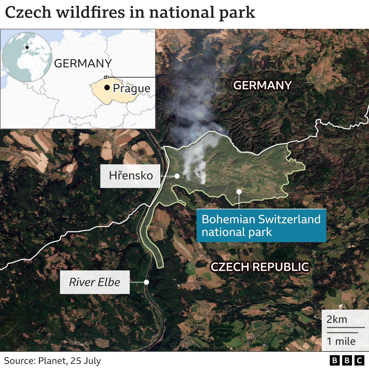 Map of area affected by Czech fires