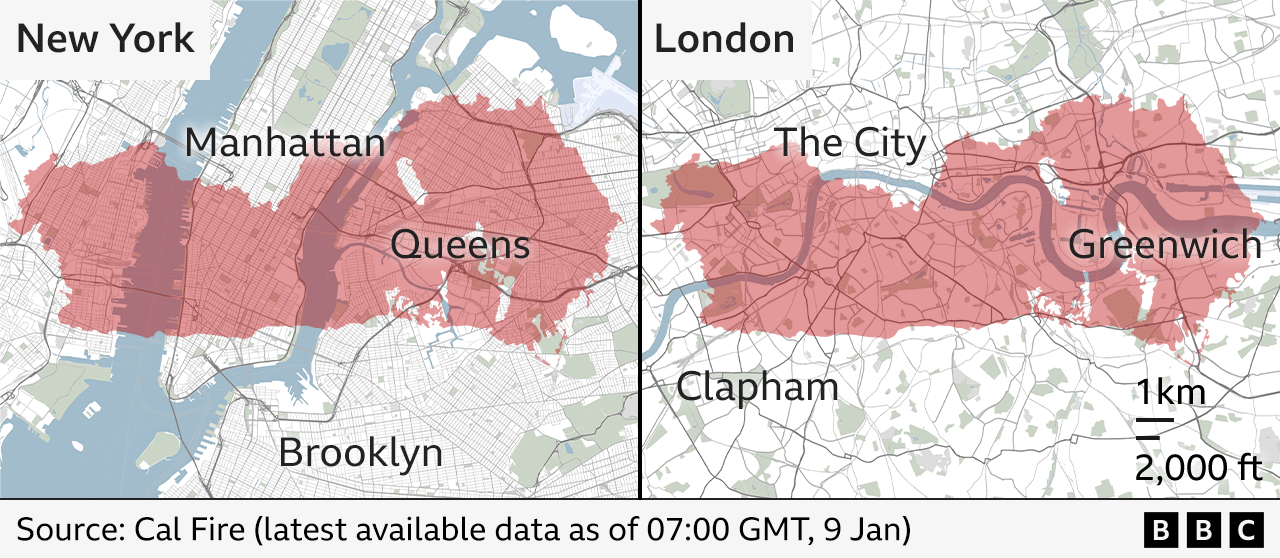 Maps showing the size of the Palisades fire, as of 23:00 PST, 8 January, (07:00 GMT, 9 January) when superimposed on to maps of New York, on the left, and London, on the right. It is comparable in size with an area stretching from Clapham to Greenwich in the UK's capital, or with large areas of lower Manhattan and Queens