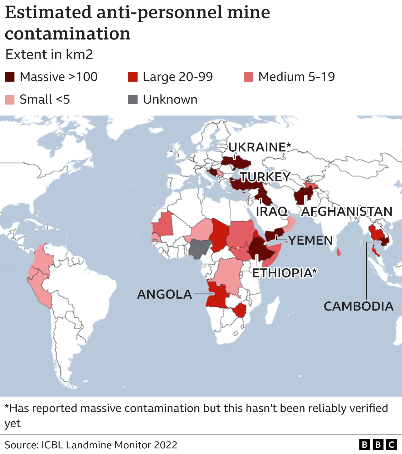 Map of countries contaminated by landmines