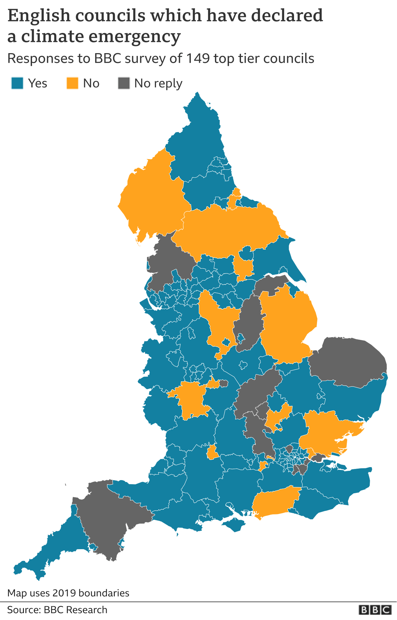 Map showing English councils which have declared a climate emergency