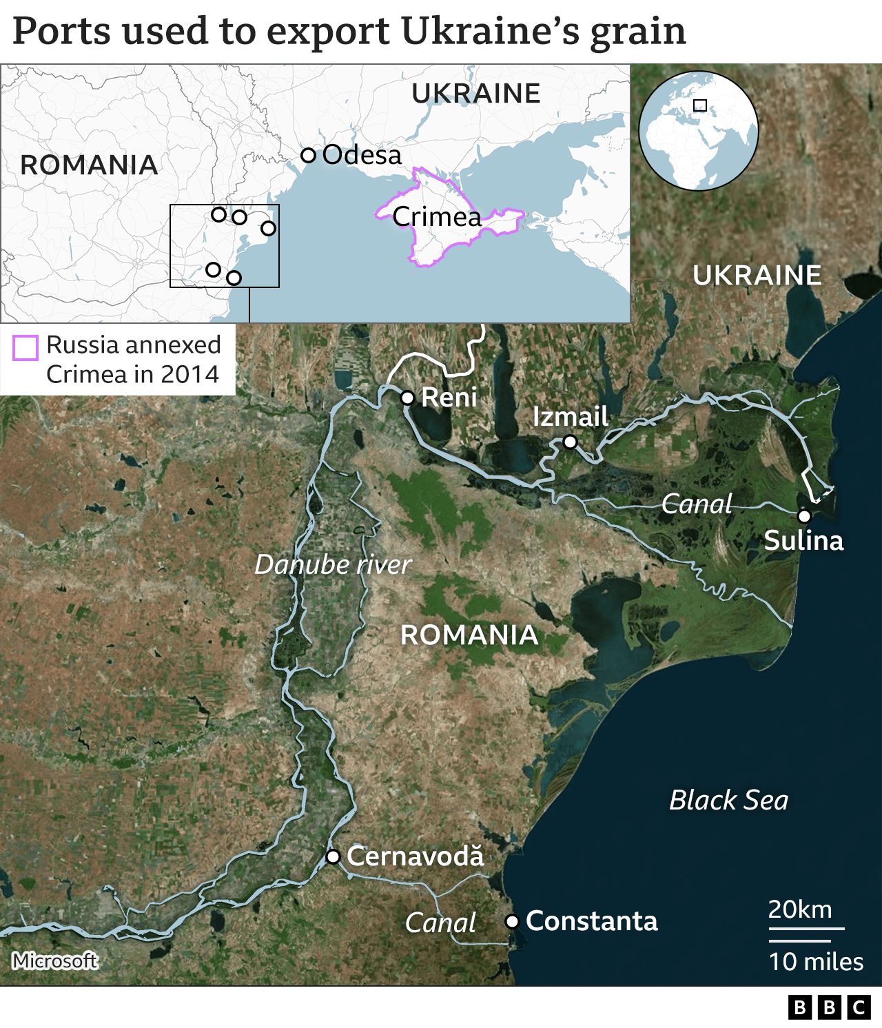 Map showing ports of Izmail, Reni, Constanta and Sulina in Ukraine and Romania