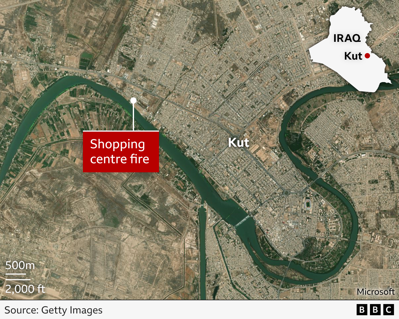 A digital map shows where Kut is situated in eastern Iraq