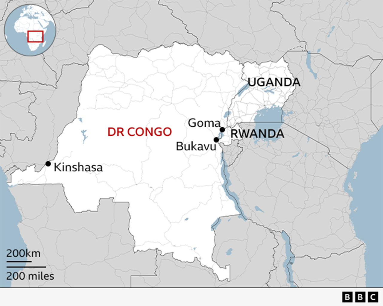 A map showing DR Congo, Rwanda and Uganda