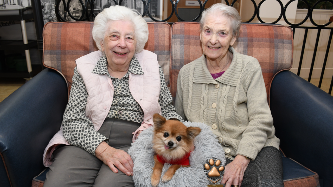 Two women sitting on a sofa with a small Chihuahua 