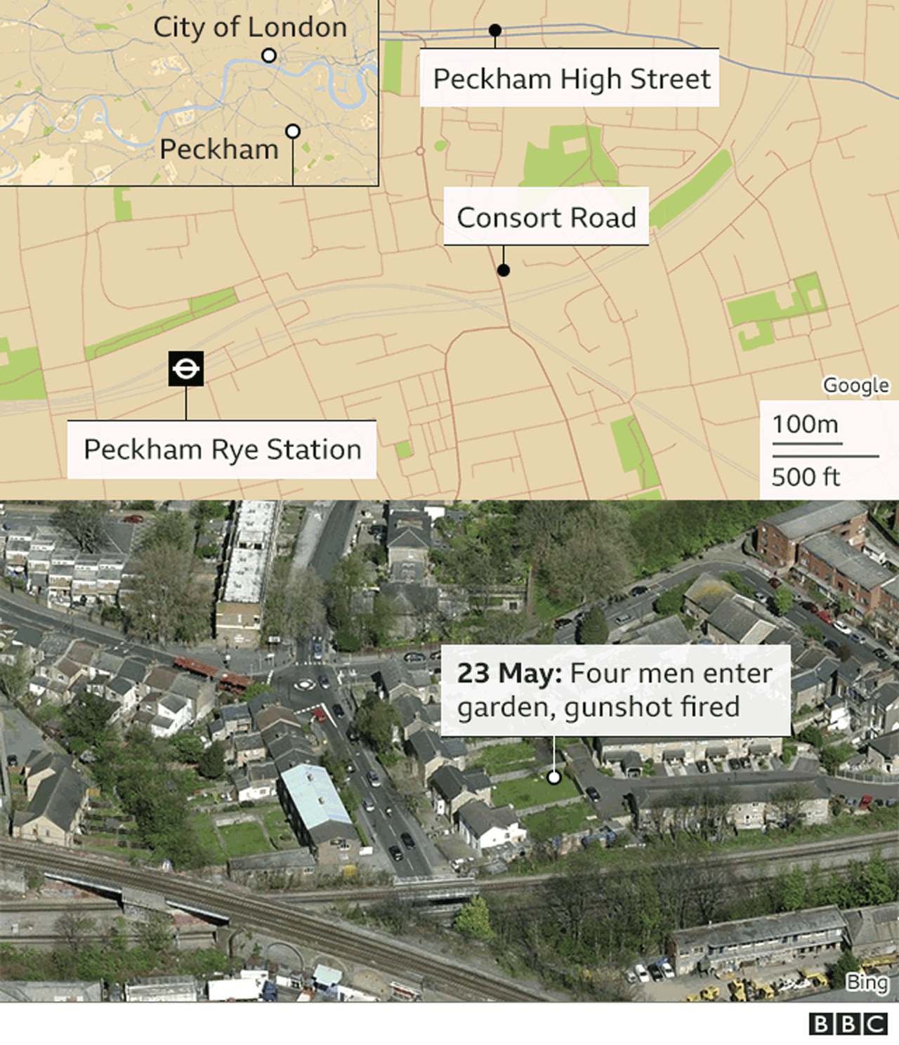 Map showing location of the shooting in Peckham, south east London