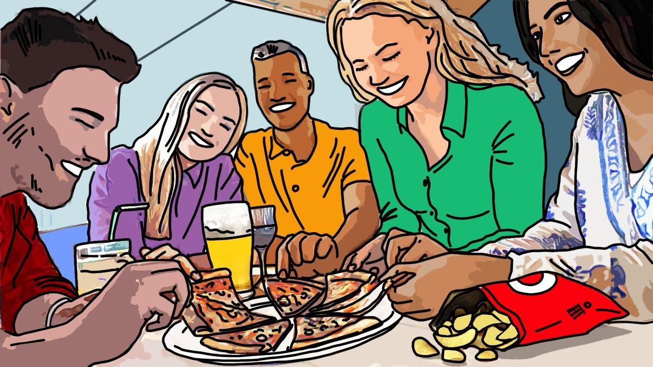 Illustration of people sharing a pizza