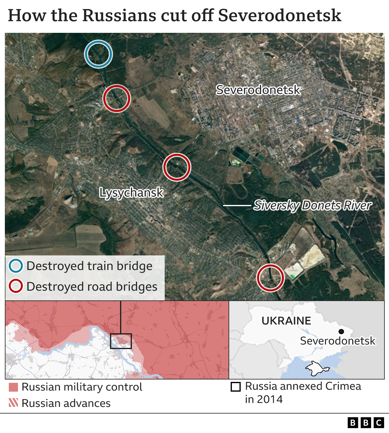 Image shows map of bridges around Severodonetsk