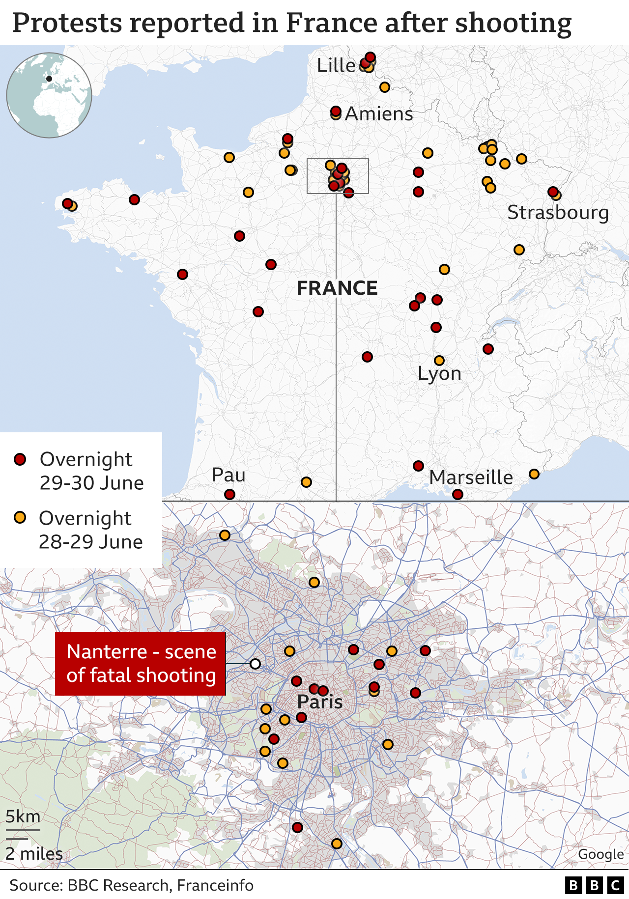 Map showing where riots have taken place across France