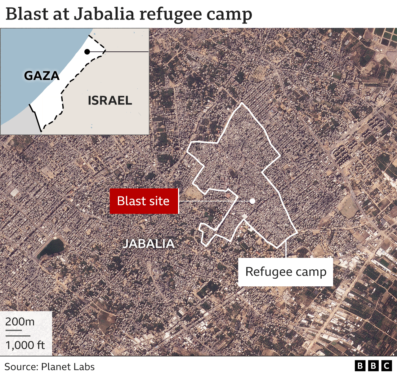 Map showing location of explosion in Jabalia refugee camp, in northern Gaza, on 31 October 2023