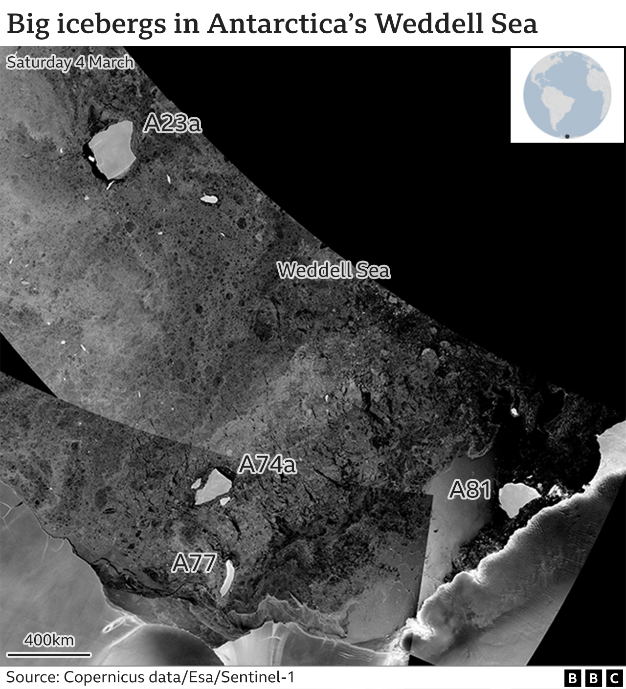 Major bergs in Weddell Sea