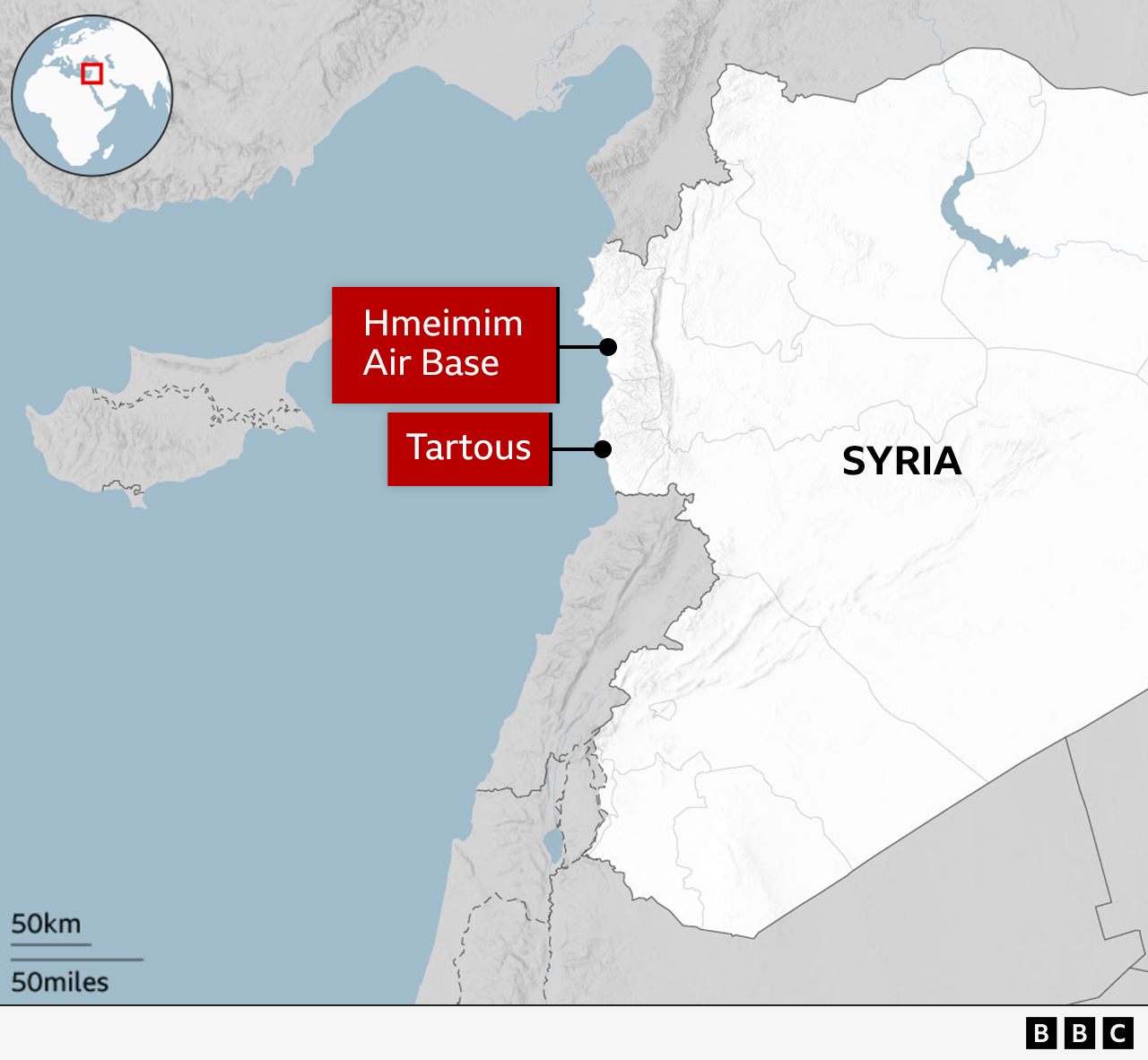 A map showing Hmeimim air base and the Tartous naval facility in Syria