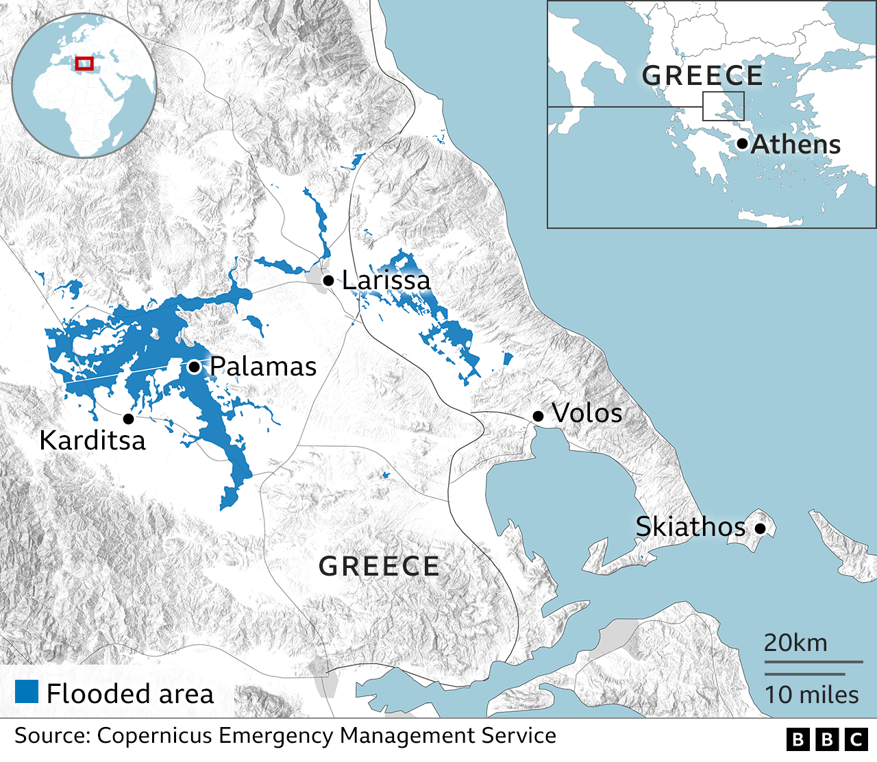 Map showing the flooded areas in central Greece