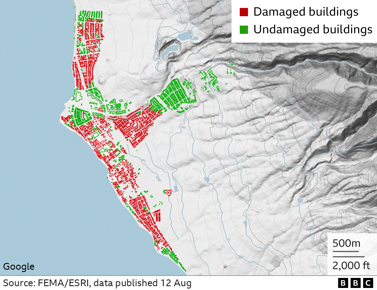 Map showing damaged buildings in Lahaina