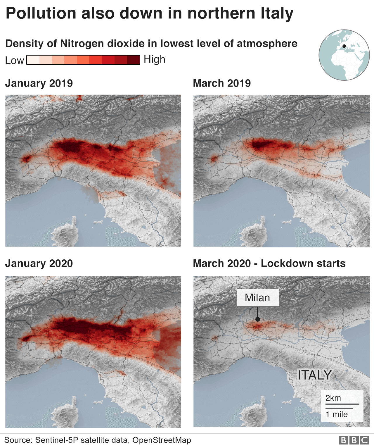 Map showing change in pollution levels in northern Italy