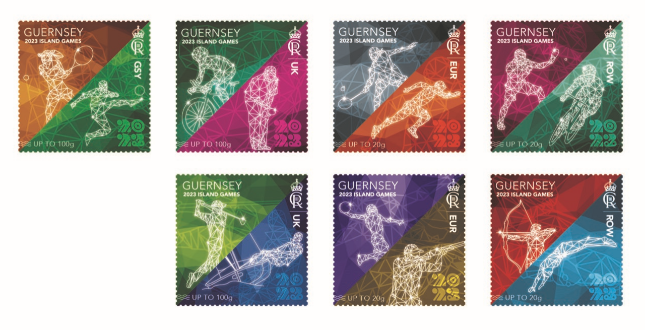 Guernsey Post seven stamps depicting different sports of Island Games