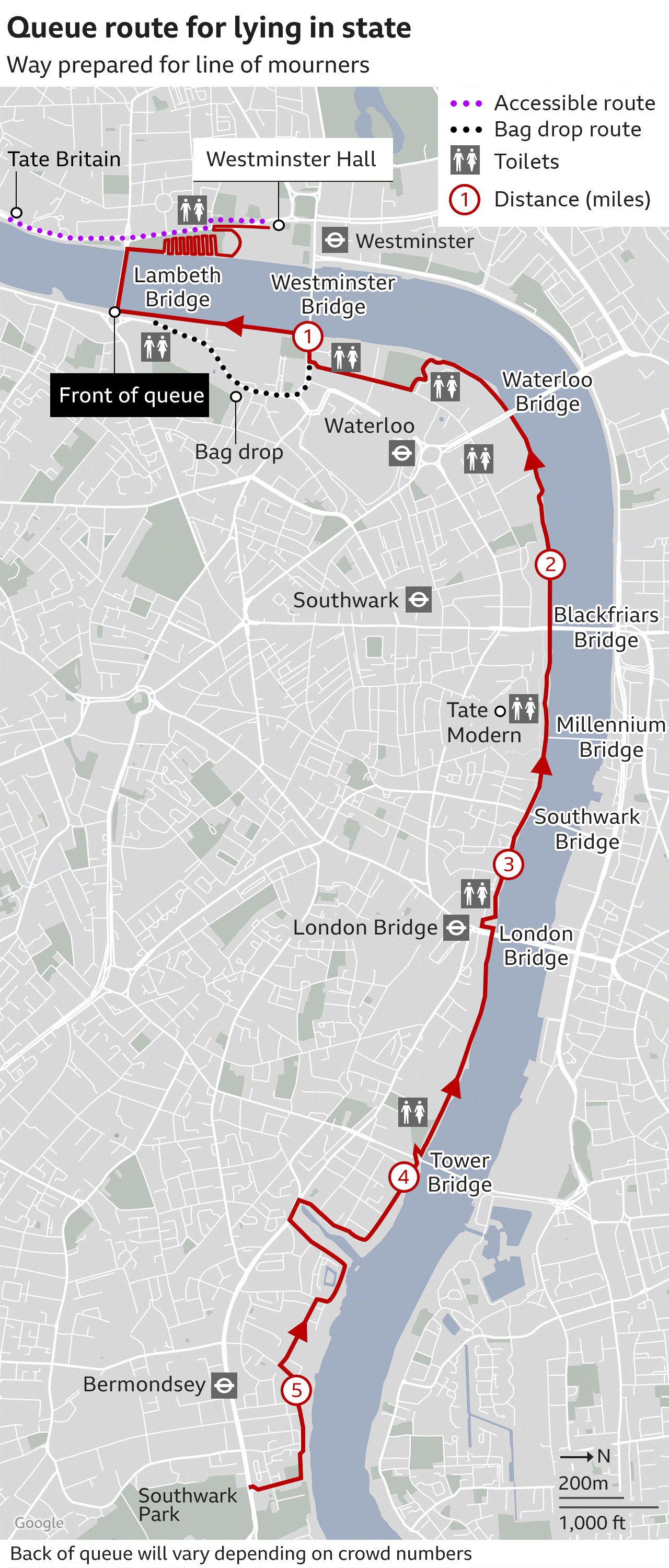 Map showing the queue indicating distance in miles