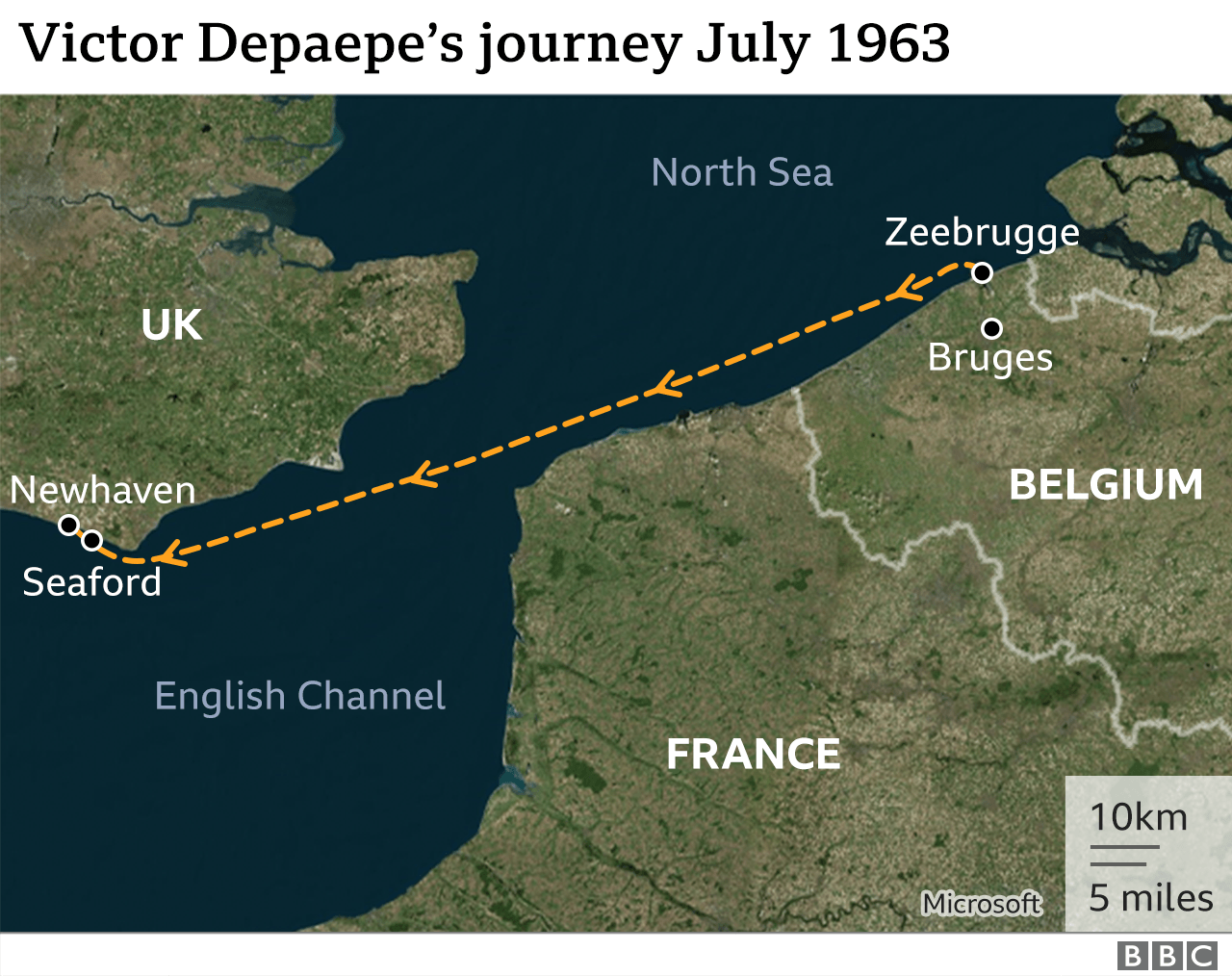 Map of Victor Depaepe's route from Zeebrugge to Newhaven in July 1963