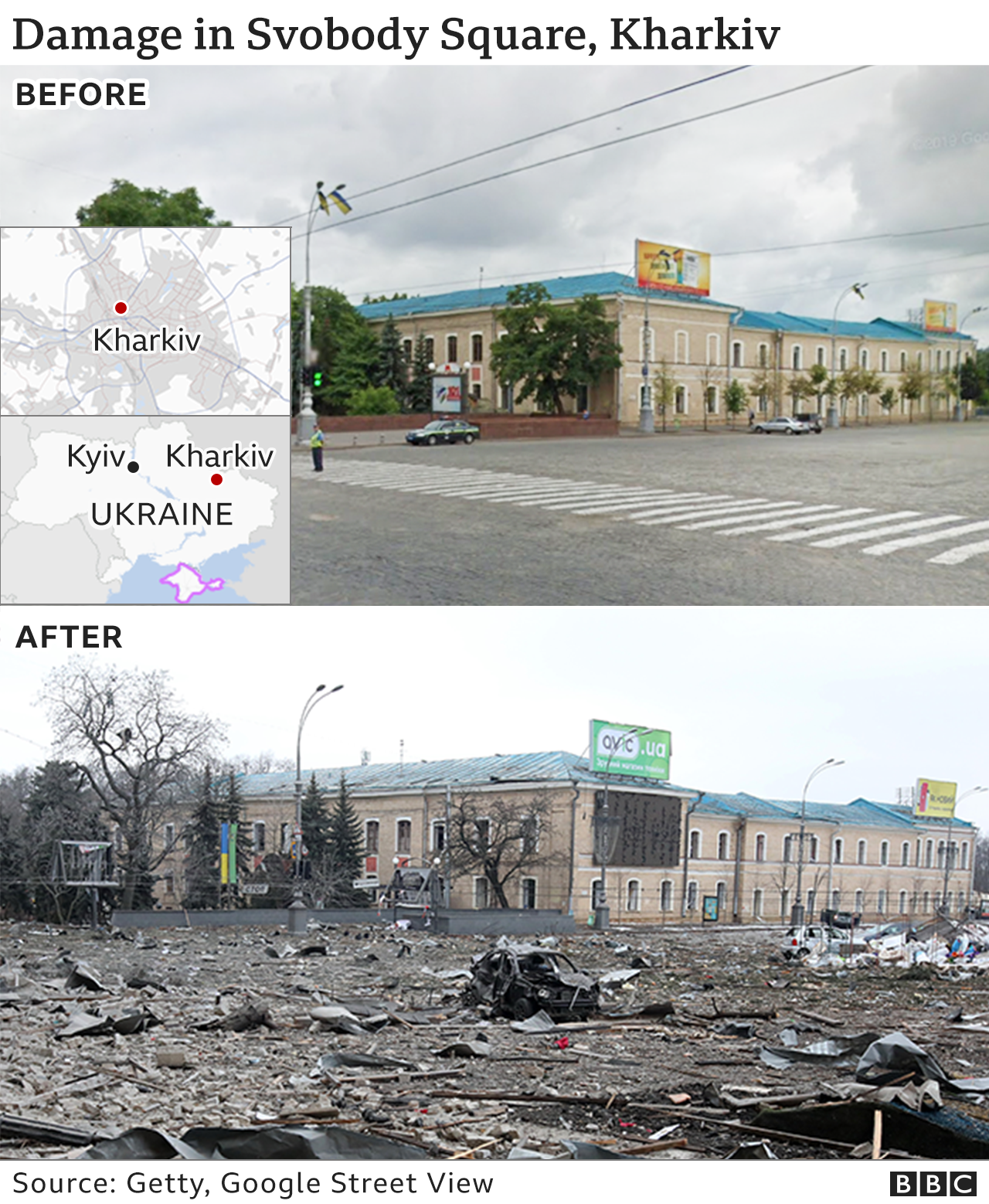 Images showing before and after an attack on Kharkiv in Ukraine