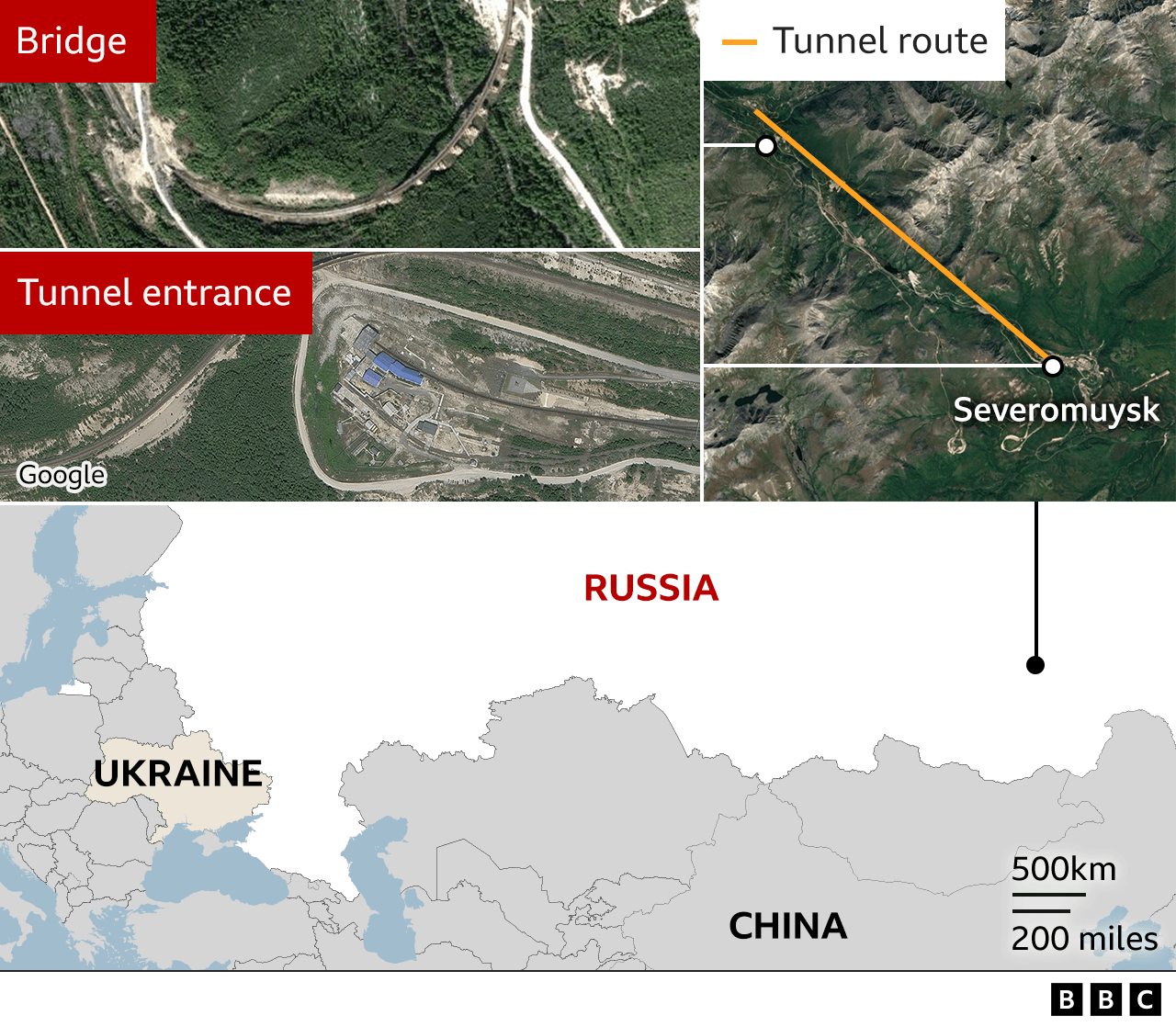 Map showing the entrance of the Severomuysky tunnel and the bridge