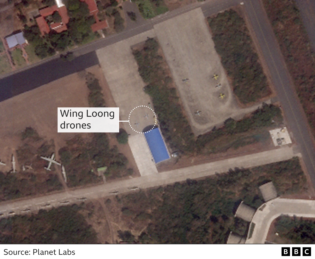 Satellite image showing an Wing Loong drone at Harar Meda airport