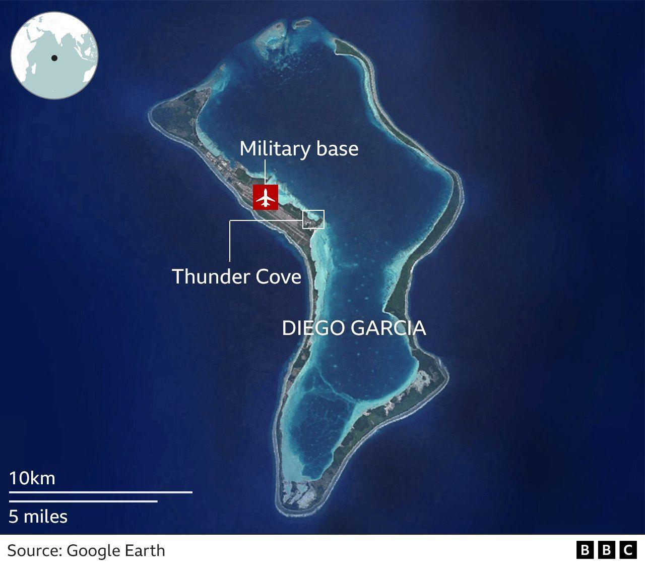 A satellite image of Diego Garcia, with text overlaid on the top of it. It has the words Thunder Cove and an arrow to it and Military Base, which has a symbol of a plane on it 