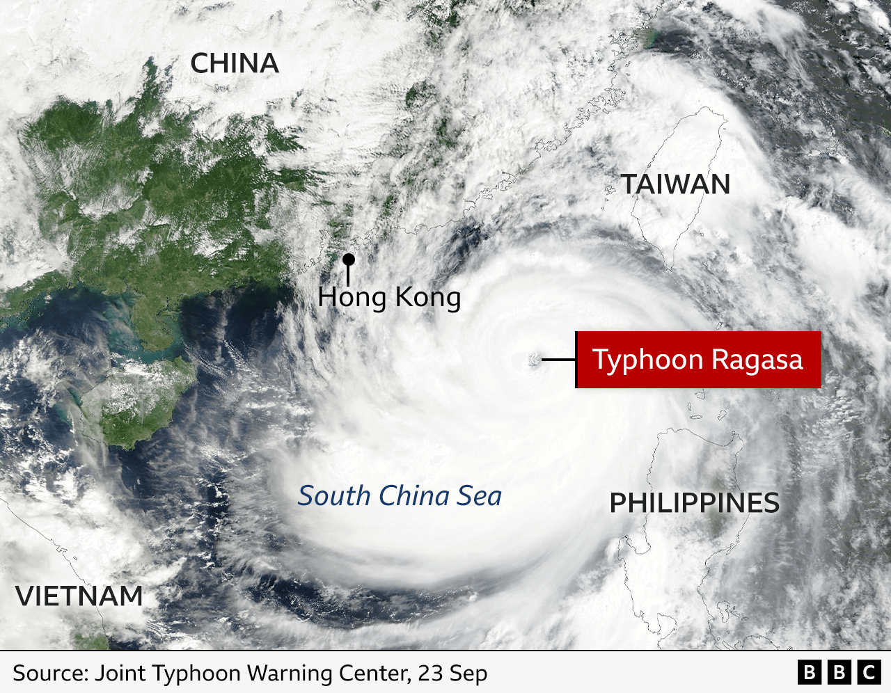 Satellite image showing typhoon Ragasa over Asia. The eye of the hurricane is marked with a red label. We can see clouds over Taiwan, the Philippines, Vietnam, China and the South China sea, as well as Hong Kong.