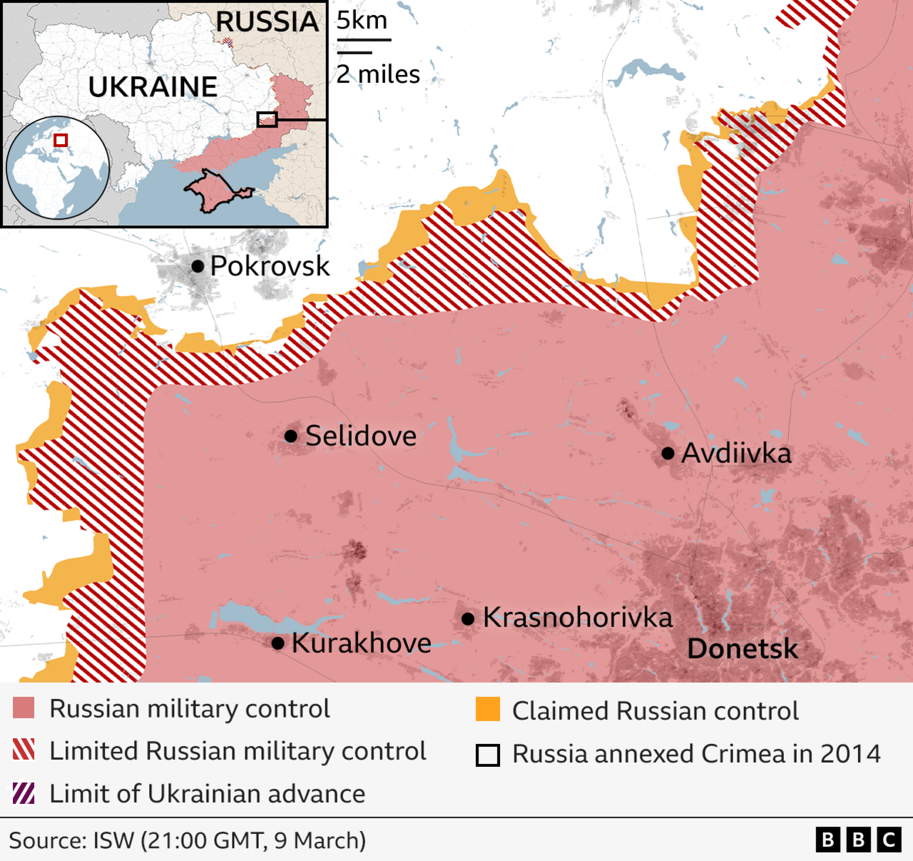 Close-up map showing which areas of west of Donetsk are under Russian military control or limited Russian control.