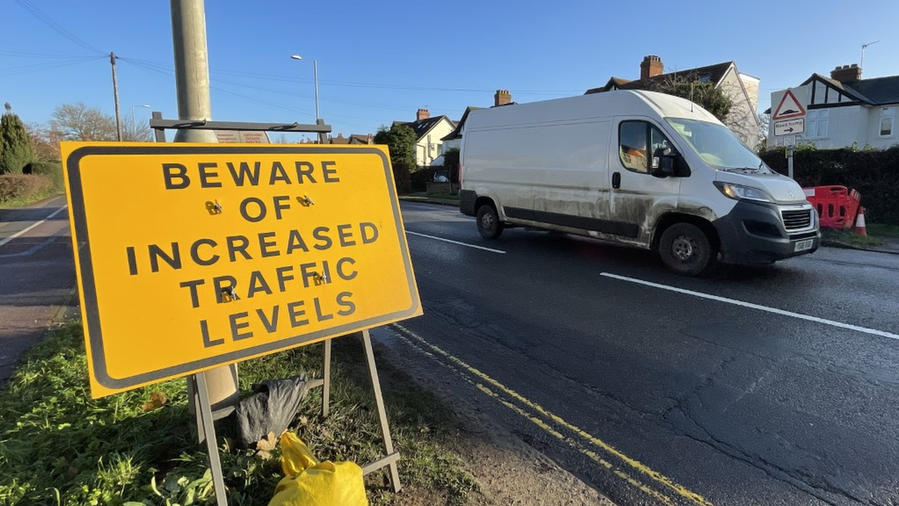 A road works sign on one of the main roads into and out of Cambridge