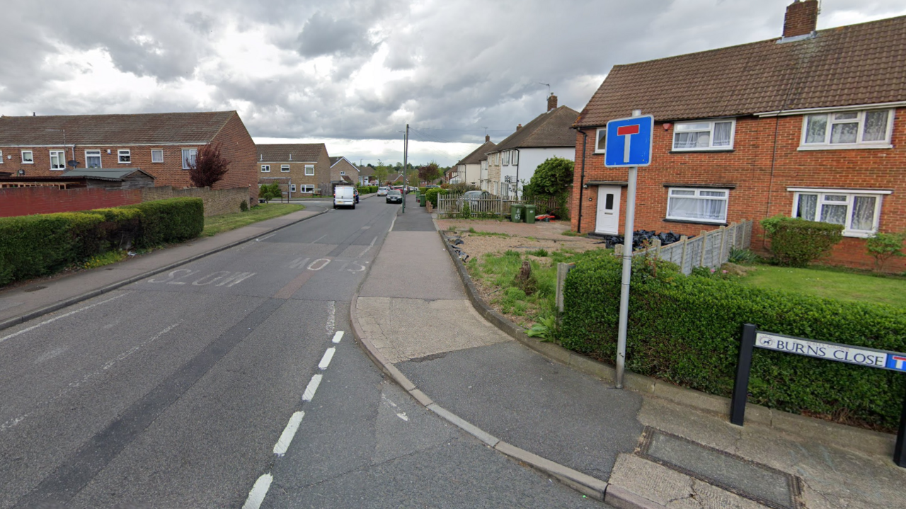 Street view shows red brick houses (left and right) either side of a grey road which has a blue and white T above a street sign for Burns Close