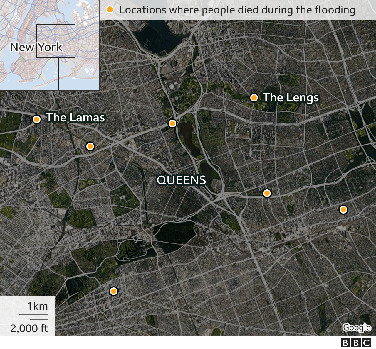 map of locations where people died from the Ida floods in New York City