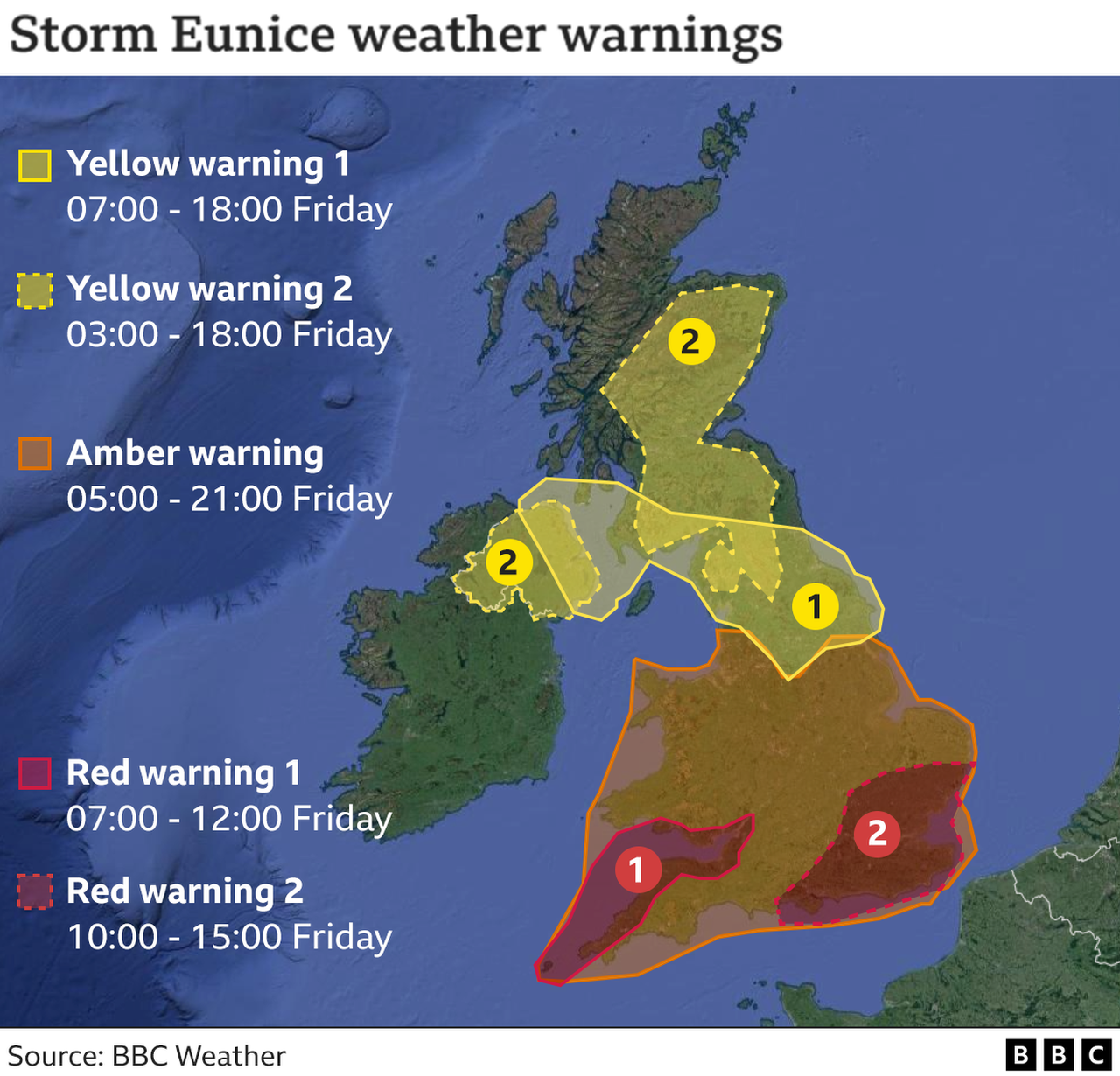 Map showing weather warnings for Storm Eunice