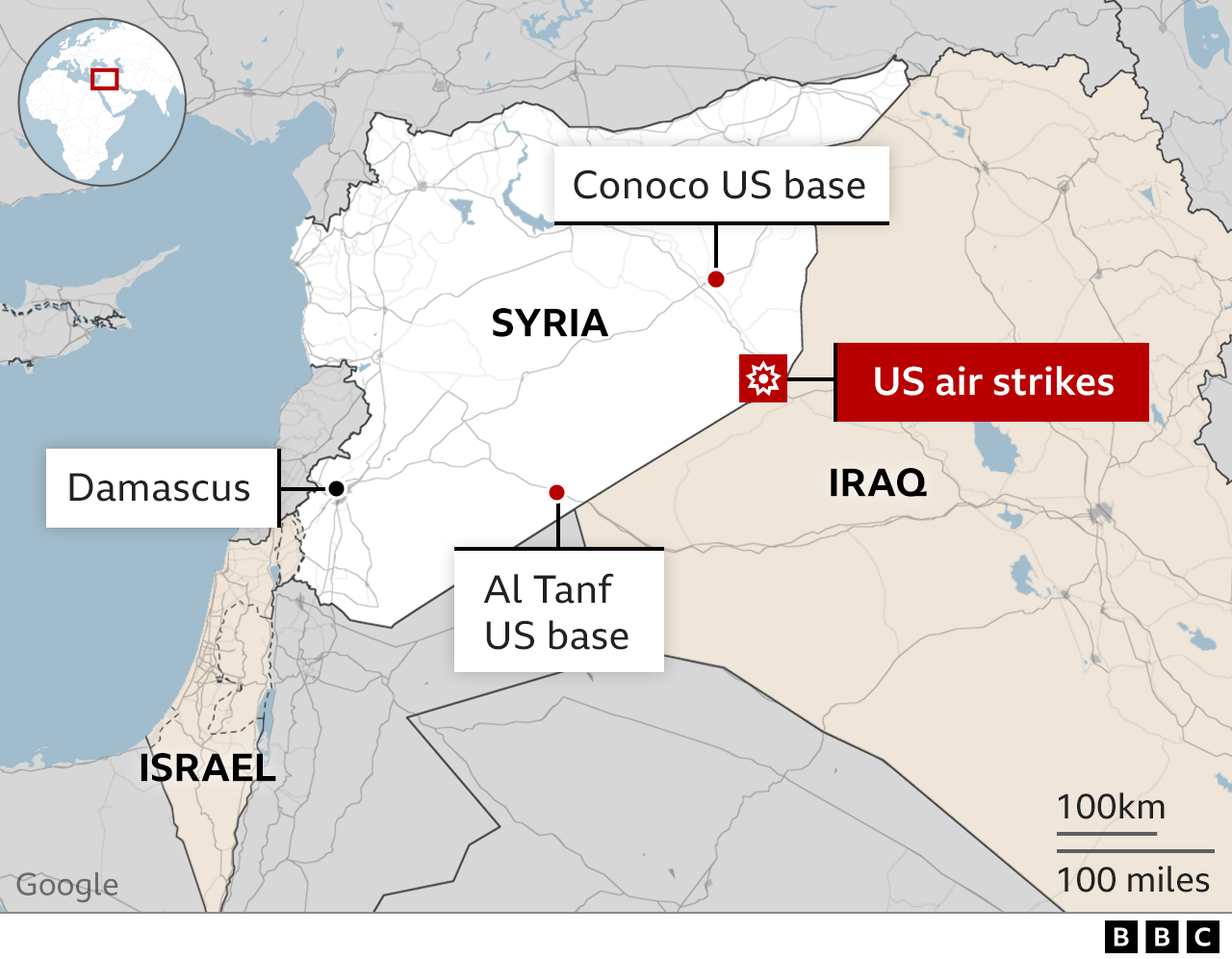 Map showing the location of US air strikes in eastern Syria