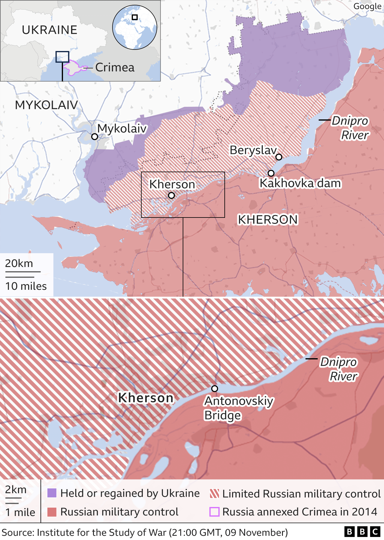 BBC graphic shows area of military control in south-eastern Ukraine - with Russian control of the area to the south and east of the Dnipro river, and limited control on the other side