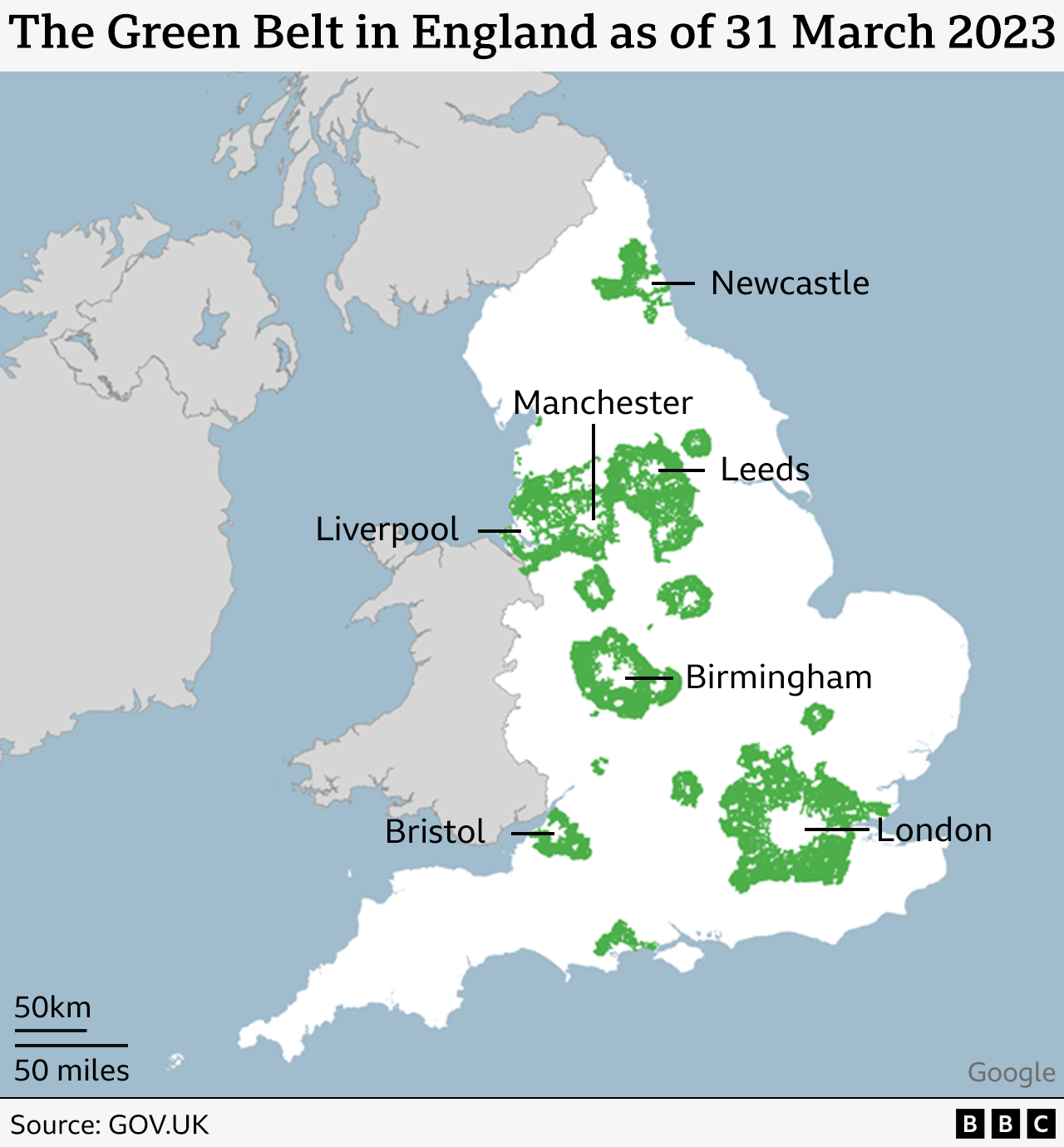 Map showing the Green Belt in England as of 31 March 2023. It shows shaded areas are around the urban centres of major cities, including London, Bristol, Birmingham, Liverpool, Manchester, Leeds and Newcastle. London has the largest area of green belt and the green belts around Liverpool, Manchester and Leeds as shown to merge together.