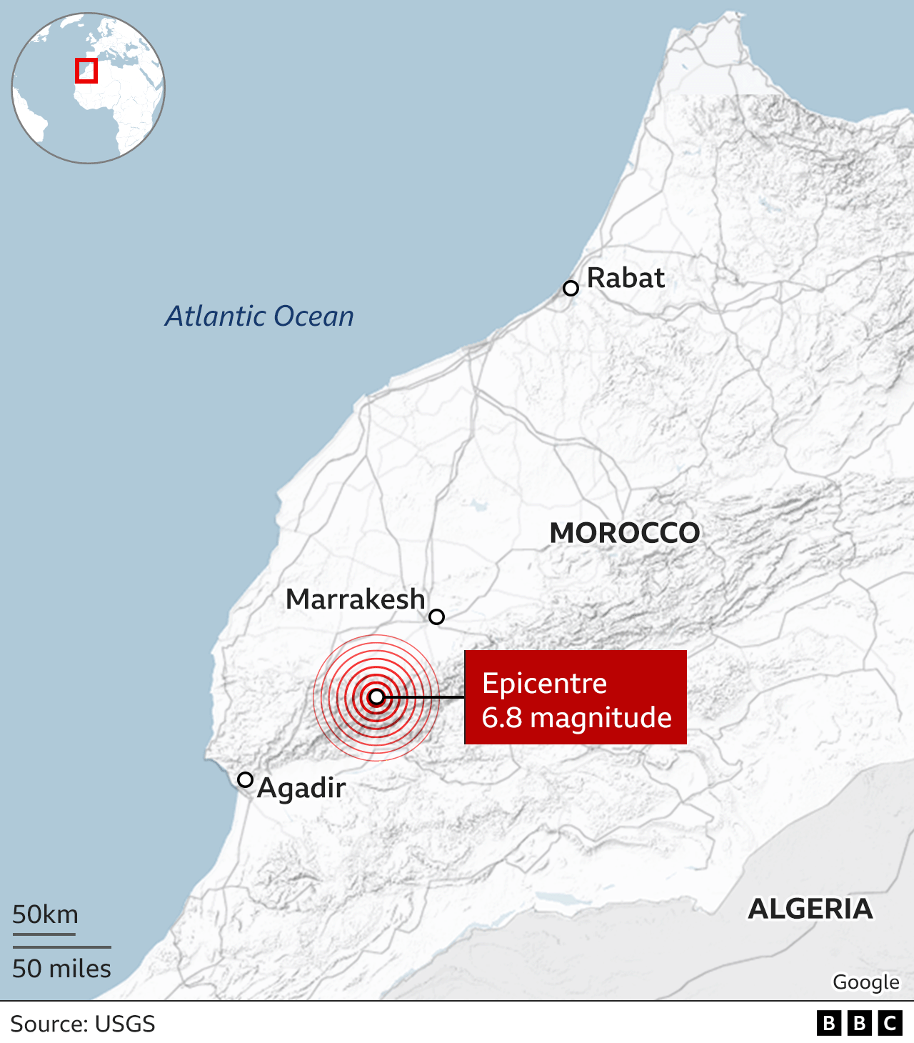 A map of the area where an earthquake struck in Morocco, showing the epicentre between the cities of Marrakesh and Agadir.