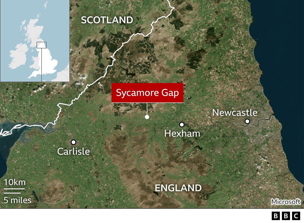 Map detailing where Sycamore Gap is