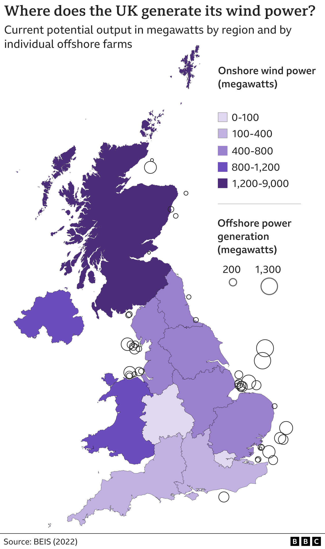 Map showing where the UK generates its wind power