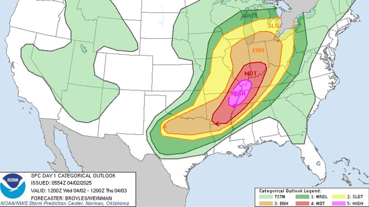 A weather map issued by NOAA shows the storm warning areas colour-coded from green to red