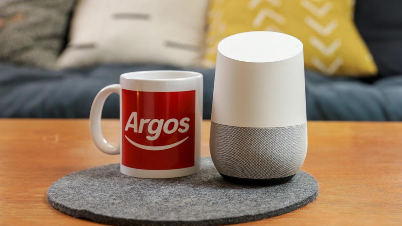 Argos mug next to a smart speaker