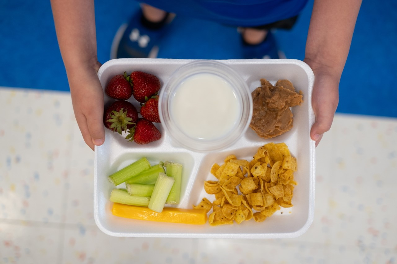 A child holds a school dinner