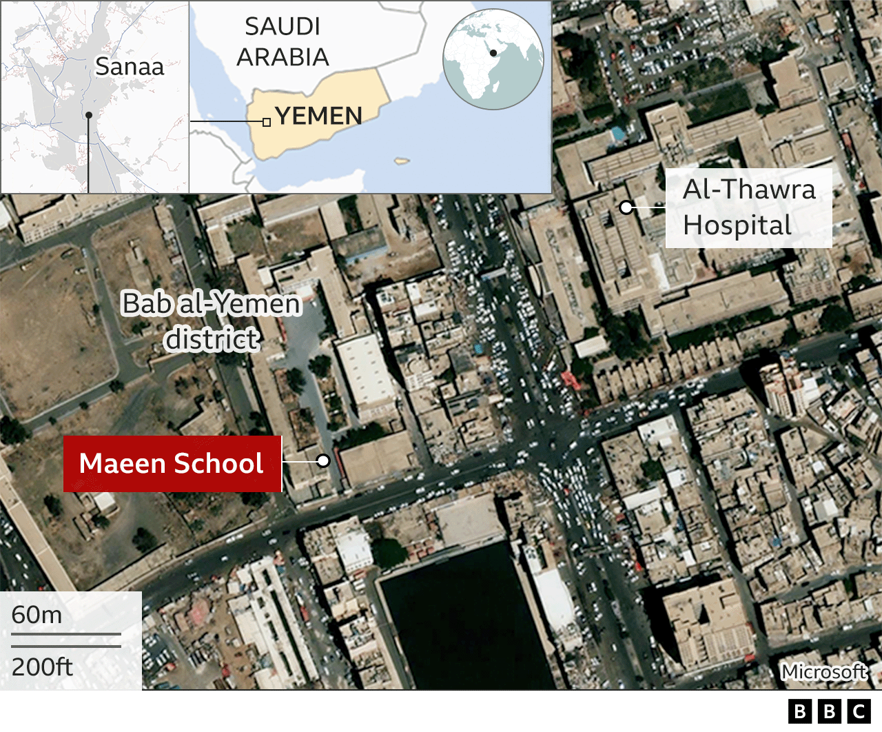 Map of Sanaa showing the location of Maeen School