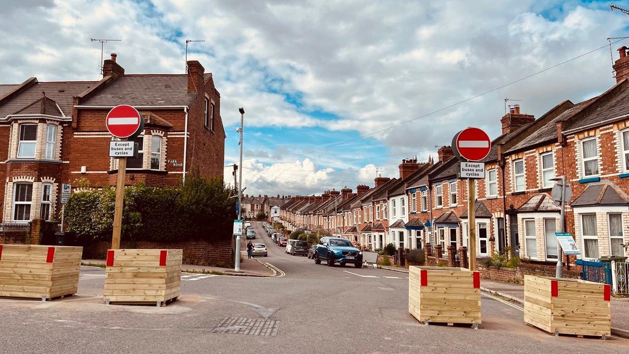 Planters at the top of Ladysmith Road in Exeter, looking down Commins Road