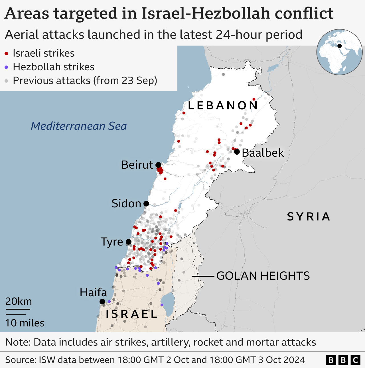 Map showing areas targeted in the Israel-Hezbollah conflict.