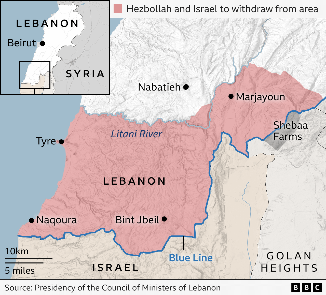 Image showing the area of southern Lebanon south of the Litani river where Hezbollah forces and the Israeli military must withdraw under a ceasefire agreement