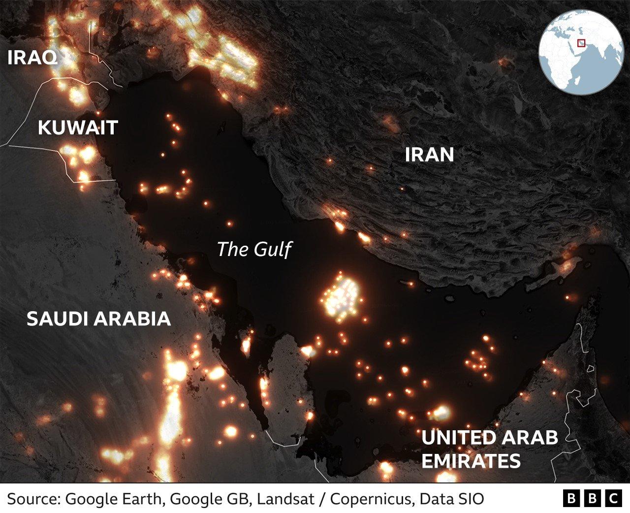 Map showing the lights from gas flares across the Gulf region