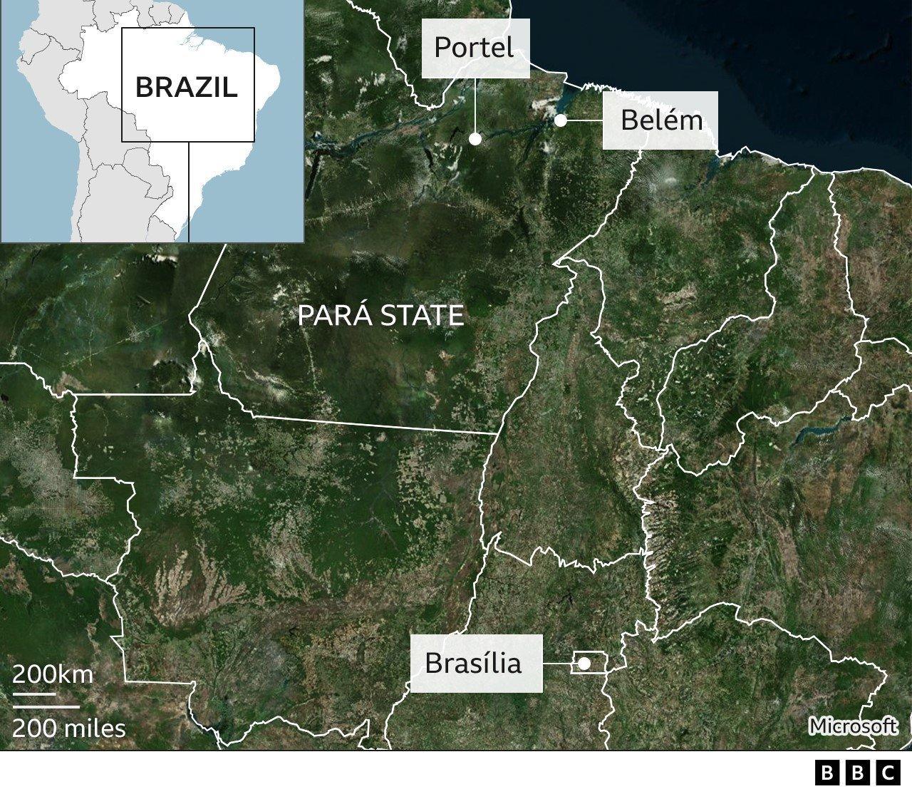 Map showing location of Portel and Belém within Pará state in Brazil